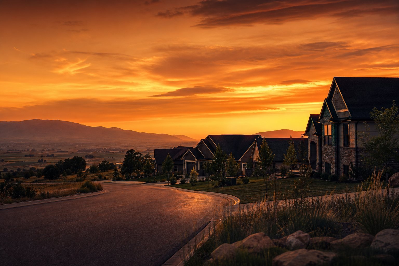 West Point, Utah family homes on generous lots under a sunset sky