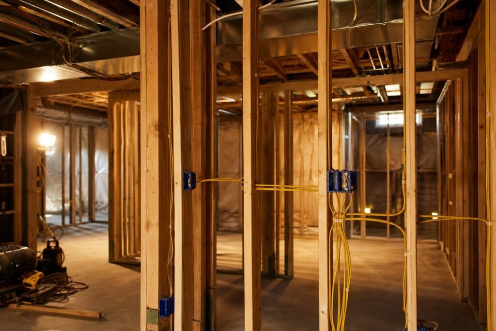 New electrical rough-in wiring through framed basement walls during a Utah remodel