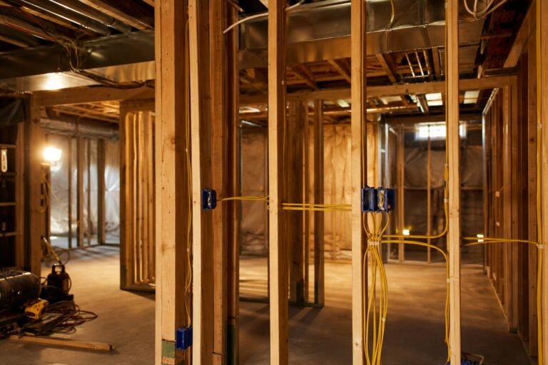 New electrical rough-in wiring through framed basement walls during a Utah remodel
