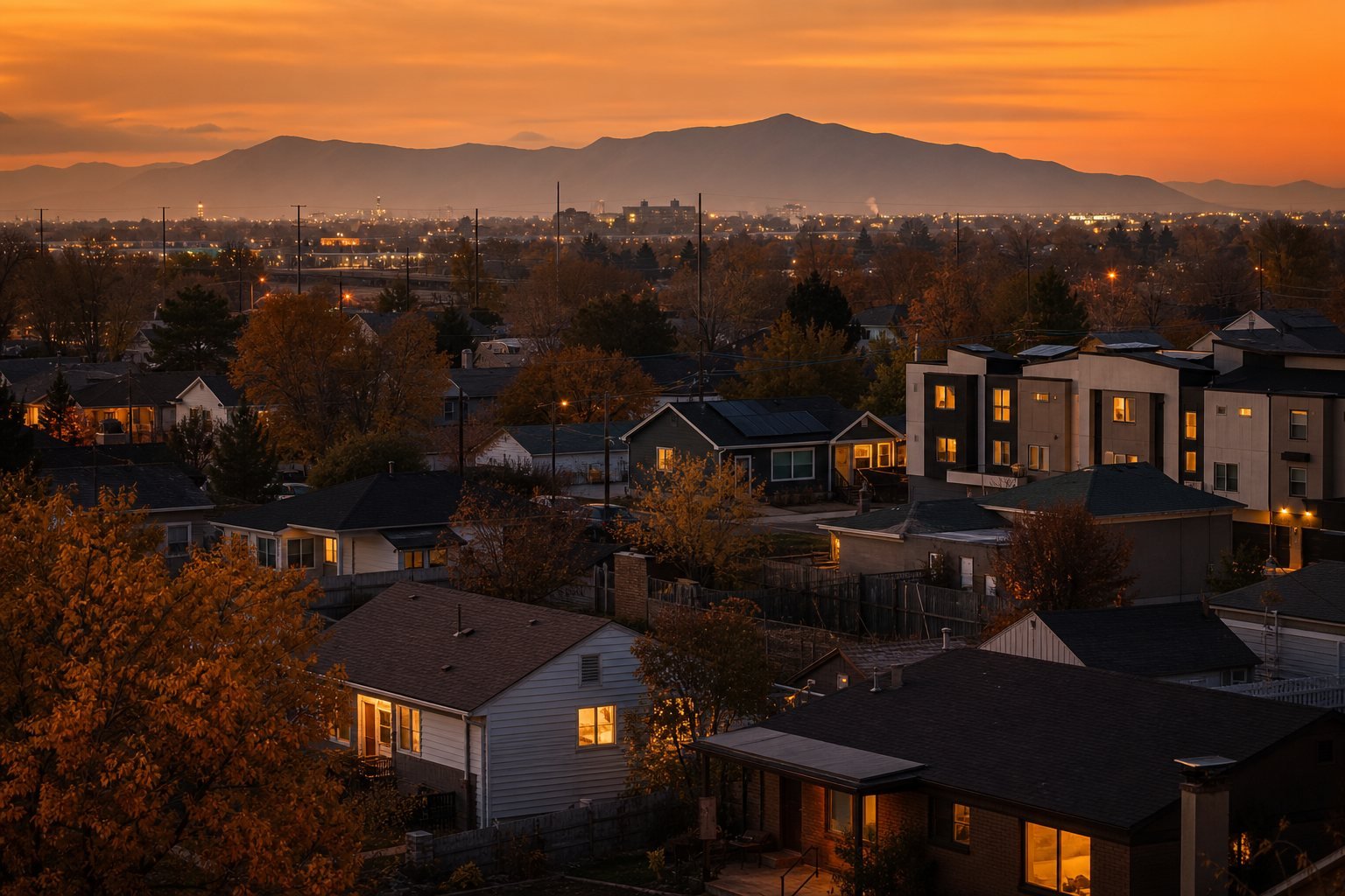 Modest post-war homes and newer townhomes together in Woods Cross, Utah at dusk